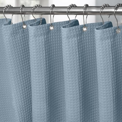 VANZAVANZU Waffel Duschvorhang mit Metall Duschvorhangringe Stoff Textil Badewannenvorhang Anti Schimmel Bad Vorhang Set Wasserdicht Schwerer Badewanne Vorhang - 182 x 182cm (Mondlichtblau)
