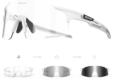 SCVCN Selbsttönend Fahrradbrille Photochromatische Herren Damen Sportsonnenbrille Klar Radsport Radfahren MTB Laufen Radbrille Volleyball Tennis Autofahren Angeln Softball Bergsteigen Wandern 06 Weiß