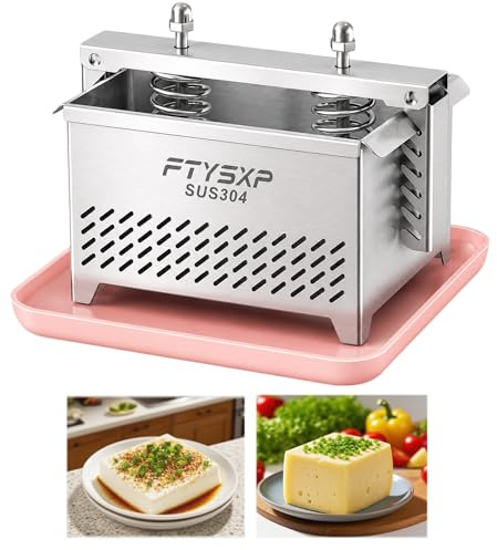 Tofupresse aus 304 Edelstahl, große Käsepresse & Paneer Presse mit verstellbarem Druck, 1.5 kg Kapazität, inkl. Käsetuch & Tropfschale, BPA Free, Dishwasher Safe(16x12x13cm)