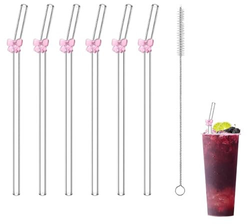 6pcs Glass Straws Drinking,Reusable Glass Straws with Charms,Bow Straw,Pink Transparent Bow Straw with Cleaning Brush,Not Fragile, for Smoothies,Milkshakes,Cocktails,Juices