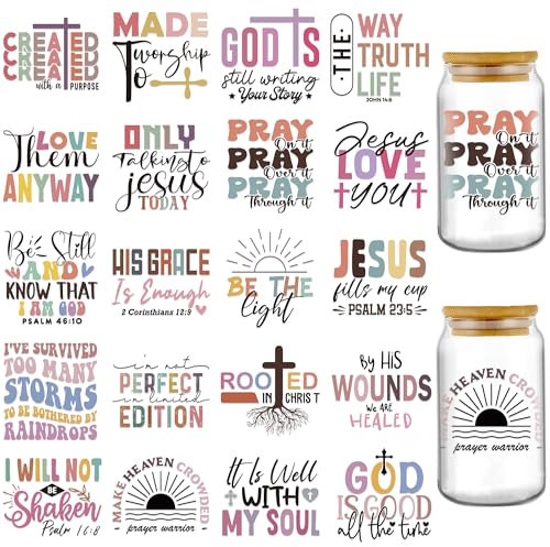 INCOK Rubb on Transfers for Crafts - 20 Sheets Bible Verse UV DTF Glass Wraps for 473.6 g Water Cups, Uplifting Christian Quotes Uvdtf Stickers for Coffee Mug DIY Creative Religious Gift