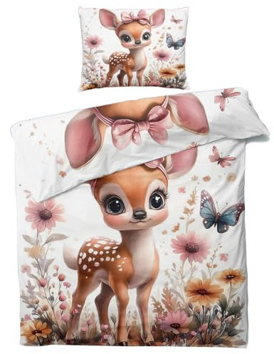 Venivici Sommer Bettwäsche 140x200 Hirsch - Süße Waldtiere Bettbezug 140x200 3 Teilig, Weiche & Angenehme Mikrofaser Bettbezüge & 2 Kissenbezug 70x90, Bettwäsche-Sets mit Reißverschluss A@&-27