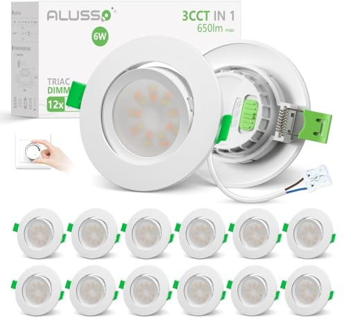 ALUSSO LIGHTING 12er Set LED Einbaustrahler 230V Flach Dimmbar Spots 6W 650lm mit Abnehmbar Modul, 3CCT Warmweiß Naturweiß Kaltweiß Schwenkbar Einbauspots 110° Abstrahlwinkel für Küche Wohnzimmer