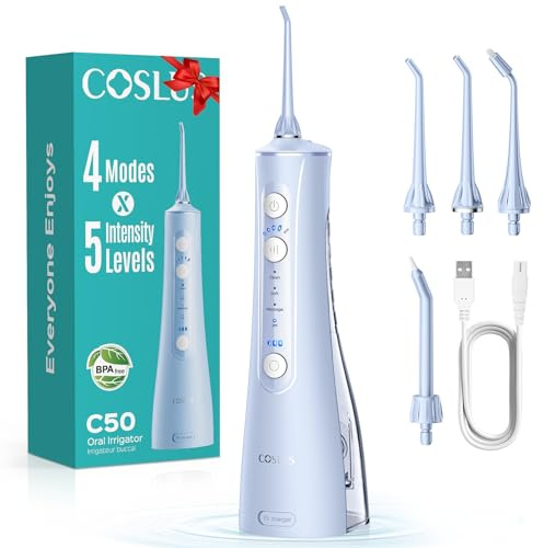 COSLUS C50 Hydropulseur Jet Dentaire, 4 Modes, 5 Niveaux D'Intensité, Bleu | Pour Appareils Dentaires, Orthodontie Et Gencives Sensibles, Sans Fil, Idéal Pour La Maison Et Les Voyages En Famille