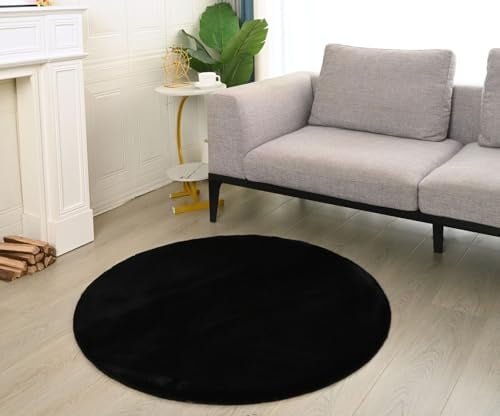 VIMODA Teppich Wohnzimmer Schlafzimmer Flauschig, kurzflorig – waschbar und Fußbodenheizung geeignet,Farbe:Schwarz;Maße:Ø 120 cm Rund