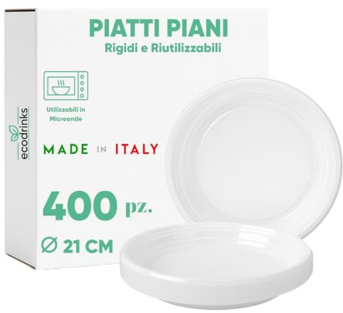 ecodrinks - 400 Piatti Piani Bianchi da Ø21cm - RIUTILIZZABILI - Base Antiscivolo, Robusti e Lavabili - Ideali per Sagre, Feste, Eventi - Scelta Ecologica e Sostenibile