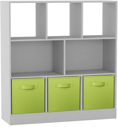 URBNLIVING 8-Cube White Bookcase Shelf Unit – Asymmetrical Storage Organizer with 3 Fabric Drawers for Home or Office - Green