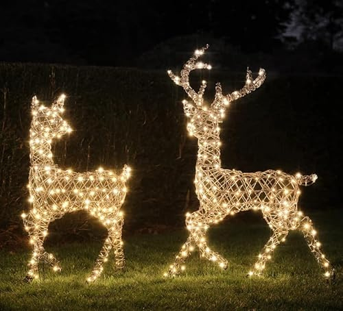 Lights4fun Dual LED Studley Stag (115 cm) & Doe (88 cm) Light Up Reindeer Duo with Warm White LED Lights | Frames, Ground Stakes and Guy Ropes Included | Indoor & Outdoor Christmas Figure