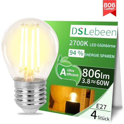 DSLebeen E27 LED Glühbirne 4 Stück, G45 Filament Fadenlampe Warmweiß 2700K, 3.8W mit 806 Lumen, Ersetzt 60W Halogenlampe, Nicht Dimmbar