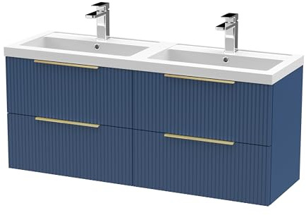 Balterley Vanity Unit with Basin Wall Hung, 4 Drawer Soft Close with 2 Rectangular Sink and Handles, Bathroom Vanity Units with Basin, Fluted Front Sink Cabinet - 1205 x 383 x 540mm (Blue)