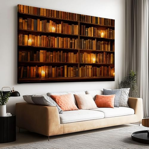 Wandbilder Leinwand 120 x 60 cm Groß Wanddeko Schlafzimmer Kunstdruck - Aesthetic Leinwandbilder Wohnzimmer Gemälde Foto Geschenk Living Room Decoration Fantastische Alte Bibliothek Kerze