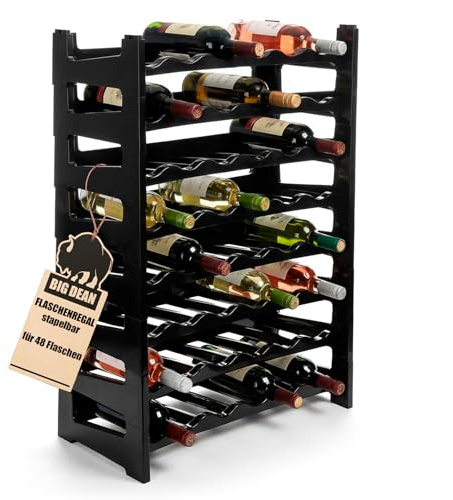 BigDean Flaschenregal stapelbar für 48 Flaschen Weinregal aus Kunststoff | Farbe Schwarz, Getränkeregal Flaschen Regalsystem für Glas- & PET bis 1,5 Liter, Weinflaschenregal, Stapelregal