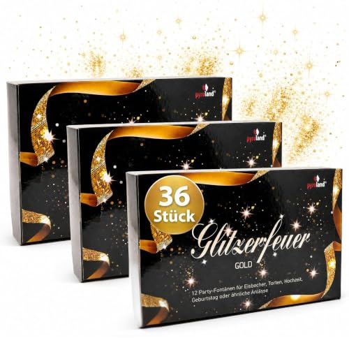 Pyroland Glitzerfeuer Gold, 36 Eisfontänen Zaubersterne (3 x 12'er), Tischfeuerwerk für Geburtstag, Hochzeit und andere Feiern