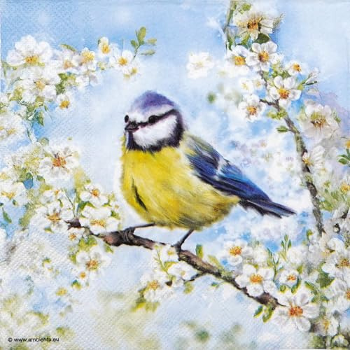20 Servietten Frühling Blaumeise an Frühlingszweige als Tischdeko. Papierservietten mit Motiv. Auch für Decoupage und Serviettentechnik 33x33cm