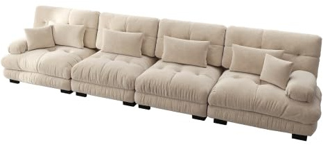dowowdo Modulares Ecksofa 4-Sitzer mit Schlaffunktion, Cloud Sofa L-Form mit Tiefensitz, Chenille Stoff Wohnlandschaft für Wohnzimmer – Hellbraun