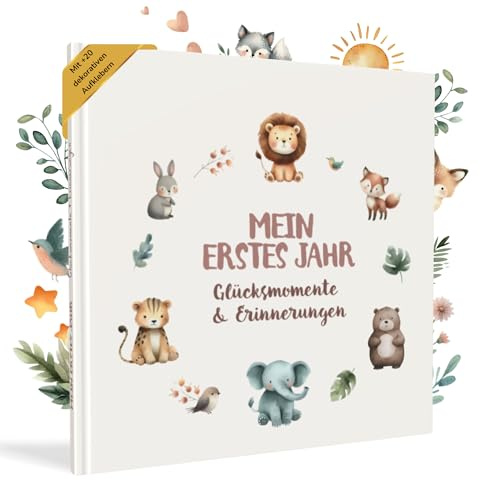 HuBorns - Babyalbum Erstes Jahr bis 5 zum Einkleben von Fotos | Fotoalbum Kinder, +50 Seiten und Stickern, Originelles Erinnerungsbuch Baby, Fotoalbum Baby für Babyparty Geschenk