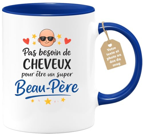 quotedazur Café-Croissant - Mug Personnalisé Beau-papa Texte Photo - Tasse Fête Des Pères Pas Besoin De Cheveux Super Beau-père - Cadeau Drôle - Bleu/céramique
