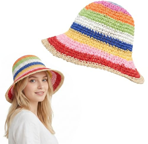FIQLUL Sombrero de Paja para Mujer Verano, Sombrero de Playa de ala Ancha Plegable con Protección UV, Gorro de Sol Transpirable para Viaje, Jardinería y Vacaciones, 56-58cm, Beige