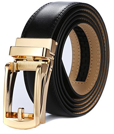 Tonywell Mens Leather Ratchet Belts with Open Buckle Perfect Fit Dress Belt 30mm Wide (One Size:32-45 Waist, Black Leather & Gold Metal Buckle)