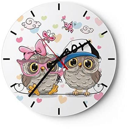 Modern Wanduhr Eule Zeichnung farbig Muster 30x30cm Rund Klein Wand Uhr Glas Analog Zimmeruhren Küche Büro Wohnzimmer Glasuhr Wall Clock Dekoration Design Wanddekoration Küchenuhr C3AR30x30-2924