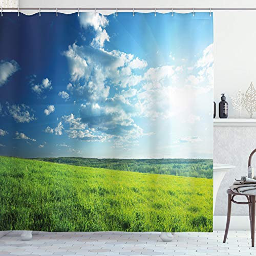 ABAKUHAUS Wiese Duschvorhang, Wiesental Wolke Sun, Stoffliches Gewebe Badezimmerdekorationsset mit Haken, 175 x 200 cm, Lindgrün Hellblau