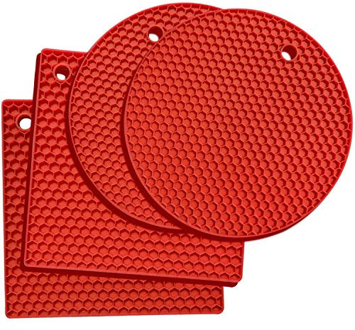 Lot de 4 Dessous de Plat Ronds et Carrés en Silicone, Tapis de Dessous de Plat en Silicone, Coussin Chauffant – Ouvre-Boîte, Pinces, Éplucheur D'ail, Tapis de Séchage, Dessous de Verre (Rouge)