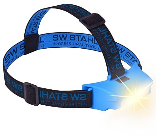 SW-Stahl S9716 LED Akku-Stirnleuchte - 2W COB Kopflampe - Verstellbar | Wiederaufladbare Arbeitsleuchte, 180 Lumen, 2 Helligkeitsstufen, inkl. USB-Ladekabel, Adapter und elastischem Gummiband
