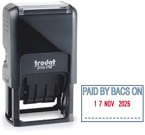 Trodat Printy 4750 Dater Stamp with English Phrase PAID BY BACS ON - Self Inking, Red Ink Date and Blue Text, Black
