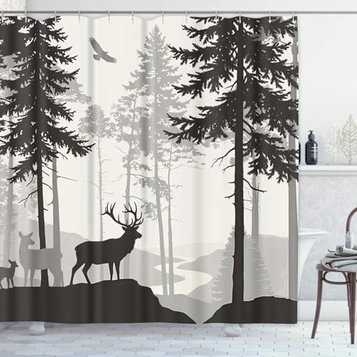 Semtomn Dekorativer Duschvorhang, Silhouette von Kiefernwald, Familie, Hirsch und Vögeln, 182,9 x 182,9 cm, wasserdicht, Baum, Badezimmer-Duschvorhang-Set mit Haken, Braun