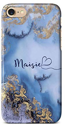 iCaseDesigner Personalised Marble Glitter Flowing Name with Heart Phone Case for Apple iPhone 7+ / 8+ Plus - 10. Blue and Gold Marble Swirl Name
