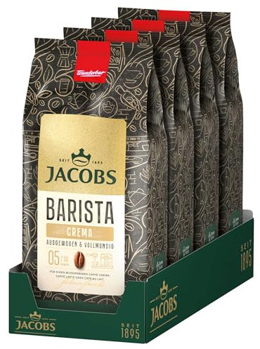 Jacobs Barista Crema Kaffeebohnen 4x 1kg – Ausgewogen, Zitrusnote, Nussig, Arabica & Robusta Bohnen, Intensität 5/10, ideal für Kaffee Crema (4er pack)