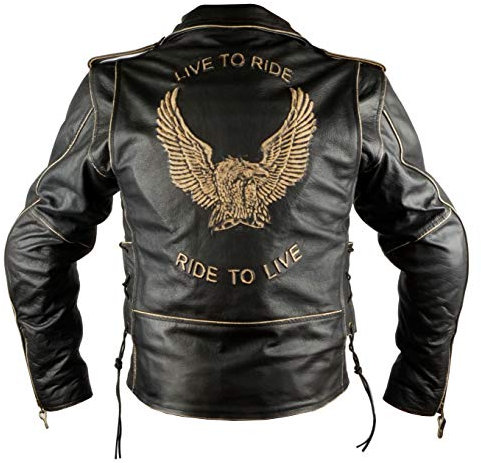 Chaqueta de moto de cuero envejecido,modelo AGUILA by Iguana Custom Collection cruzada con grabado, protecciones homologadas y forro térmico desmontable (L)