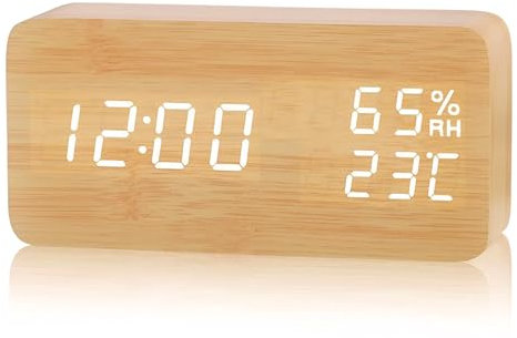 VORRINC Wecker Digital Holz, Wecker Holzoptik mit 3 Alarm/Datum/Temperaturanzeige / 3 Helligkeit, Tischuhr Digital,Wecker Holz mit Zwei Anzeigemodi und Stromsparmodus(Batterie Nicht Enthalten)