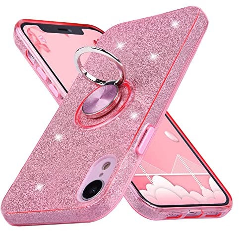 wisdompro Glitter Case for iPhone XR 6.1 Inch, Cute Bling Sparkle Protective Shockproof Phone Case Cover with 360° Ring Holder Kickstand, Anti-Scratch - Pink