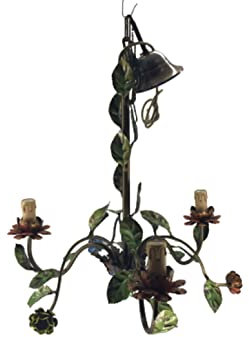 artigianatodaloise Lustre à suspension avec fleurs et feuilles roses en fer forgé 3 lumières lumières art 55 x 50 cm