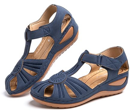 Sandale Femme Compensées Confort Mules Été Et Nu-Pieds Plateforme Plate Chaussures Bout Fermé Sandale Bride Cheville 2 Bleu 35 EU