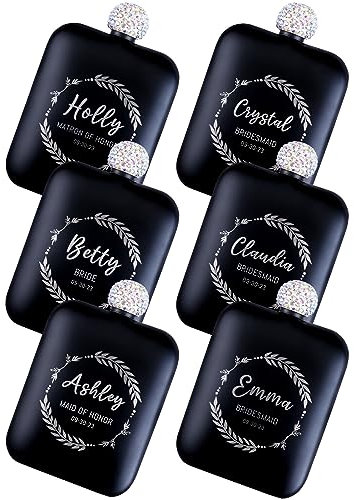 6 Stück Flachmann Personalisiert für Frauen, Flachmann mit Gravur für Brautjungfern-Geschenk, Flachmänner Edelstahl Personalisiert 170ml/6oz für Hochzeit, Junggesellinnenabschied (Schwarz)