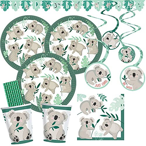 spielum Set de fête 42 pièces Koala – assiettes, gobelets, serviettes, guirlande, pailles en papier pour 8 enfants