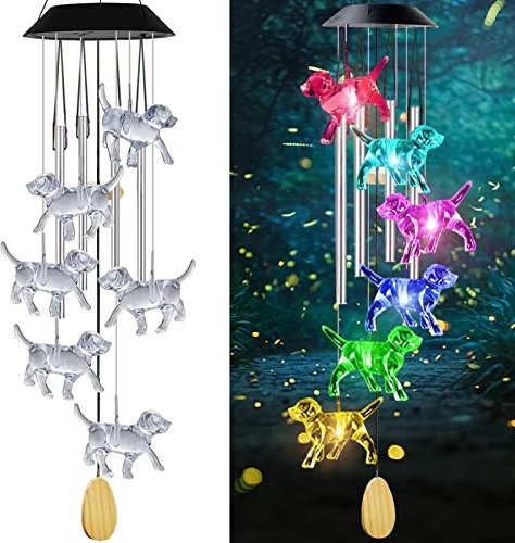AIONASA Solar-Windspiel für Hunde mit 4 Musik-Aluminiumrohren, 7 Farben wechseln, für den Außenbereich, wasserdicht, LED-Windglocke, Zuhause, Party, Hof, Oma, Geburtstagsgeschenke)
