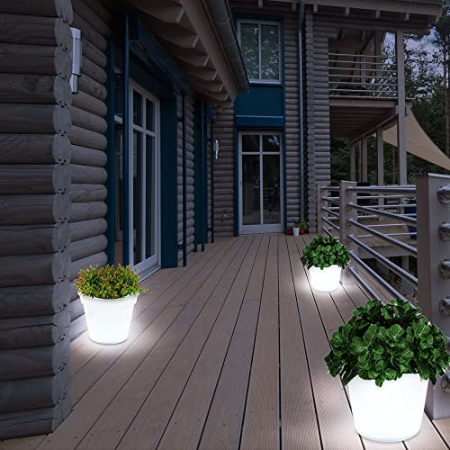 etc-shop Solar LED Blumenkübel - Beleuchtung Blumentopf, Weiß Satiniert, Akku LED Neutralweiß, H 19 cm, 3er Set