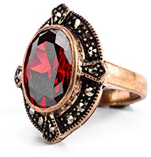 Windalf Bohemia Damen Ring ALIZA 2 cm Roter Granat Mittelalter Schmuck Bronze (Bronze, 16)