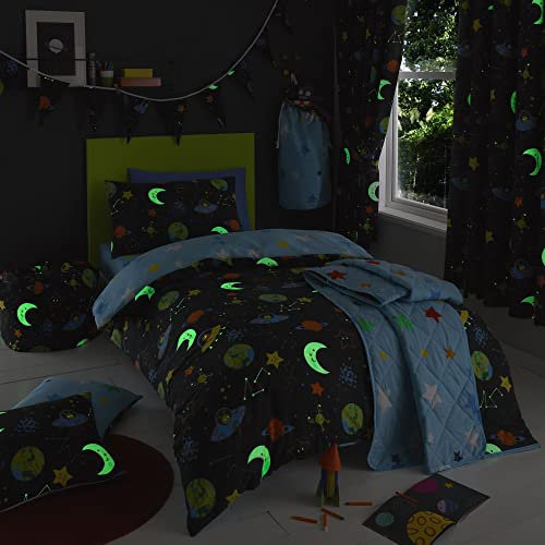 Happy Linen Company Bettwäsche Set für Mädchen und Jungen, Alien Adventure Outer Space, Marineblau, für Einzelbett, wendbar