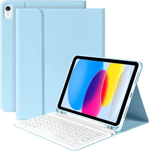 KBCASE Coque Clavier pour iPad 10/11Ème Génération (10.9 Pouces 2022/11 Pouces A16 2025), Étui Clavier Bluetooth sans Fil pour iPad 10eme/11eme, AZERTY Français,Blu