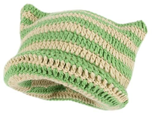 Damen Winter Katzenohren Hüte Strickmütze Weiche Slouchy Gestreifte Strickmütze Trendige Warme Gehäkelte Geflochtene Strickmützen Häkelmütze Katze Hut Vintage Mütze Geflochten (02-Green, One Size)
