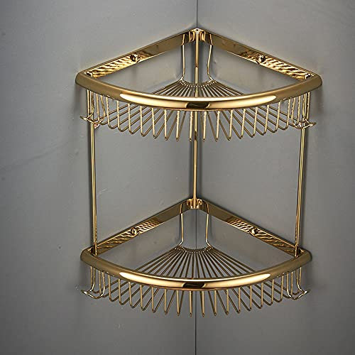 FVRTFT 2-stöckige Duschkörbe, rostfrei, Badezimmer-Caddy, Eckregal, Messing, Duschregal mit Haken, Shampoo-Halter, Aufbewahrungs-Organizer, Zubehör, Wandmontage, zum Einschrauben, Gold