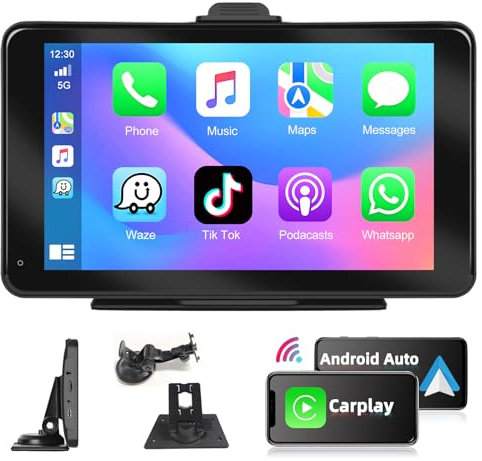 Podofo Autoradio Portatile con Wireless Carplay Android Auto 7 Monitor Touch Screen Auto Stereo Radio con Bluetooth, Trasmissione FM, Airplay, Collegamento a Specchio 7V-32V