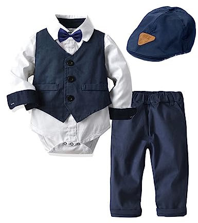Volunboy Baby Anzug Jungen Anzugweste Hemd mit Fliege für Festlich Hochzeit Bekleidung Set 4tlg(18-24 Monate,Marine Weiß,Größe 90)