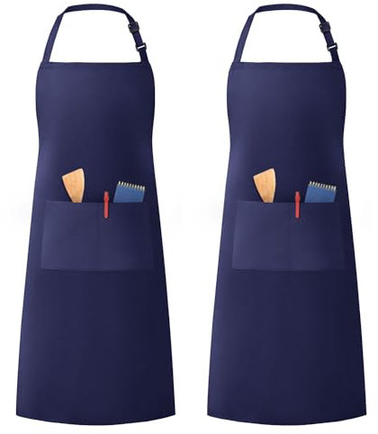 LivinEase Delantales ajustables unisex para hombres y mujeres, Delantales de chef con 2 bolsillos para hombres y mujeres, Delantales para cocina (Azul Marino, Pack of 2)