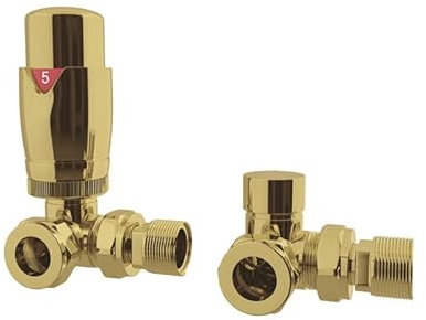 UK Radiators Thermostatic Radiator Valve (TRV) 15mm Corner Lockshield Valve in Polished Brass Colour - Energy Saving 1/2 x 15mm Corner Radiator Valve