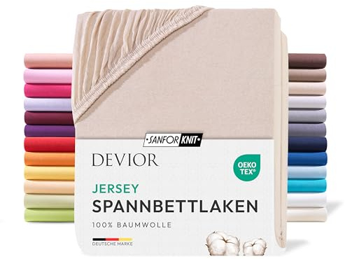 Devior Jersey Spannbettlaken 140x200cm - 160x200cm, 100% Baumwolle, Matratzenhöhe bis 22cm, Beige – 135 g/m² Anti-Statisches, atmungsaktives Bettlaken mit Einlaufschutz, Matratzenbezug Beige